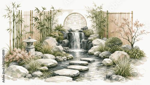 beauty Serene Japanese Garden isolated watercolor vector illustration svg