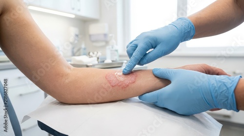 Dermatologist applying medication to a skin rash on a patient arm