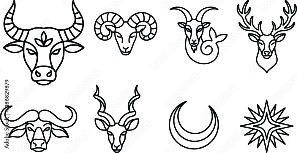 Fototapeta premium Horned animals line art and zodiac signs collection vector illustration minimalist black icons set isolated on white background