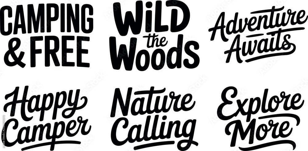Obraz premium Camping Outdoor Adventure Quotes Hand Lettering Typography Vector Set Isolated on White Background