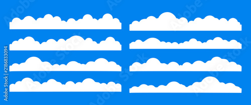 Cloud border. Simple cloudy shapes divider. Flat long section with white puffy cumulus clouds in blue sky. Abstract weather elements banner. Vector cloudscape background.