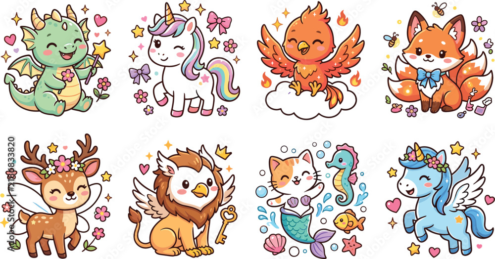 Obraz premium Cute Fantasy Mythical Creature Vector Sticker Set with Kawaii Baby Dragon, Unicorn, Phoenix, Nine Tailed Fox, Griffin, and Mermaid Cat Character Illustrations