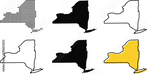 Multiple stylized vector illustration designs showing the state of New York in various graphic artistic styles