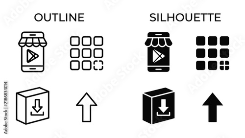 Application Icon Set: A collection of icons representing an online store, app grid, download, and upload functionality.