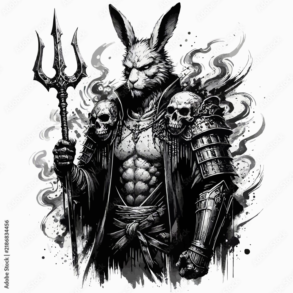 Fototapeta premium Dark fantasy illustration of a muscular, anthropomorphic rabbit demon holding a trident with skulls on its shoulders, in a black and white ink style.
