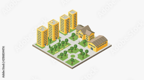 Dynamic Isometric of Urban Area with Colorful Buildings Trees and School Structures with high quality professional line art symbols for modern creative design and digital branding projects