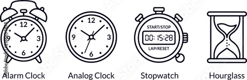 Four timekeeping devices illustration set
