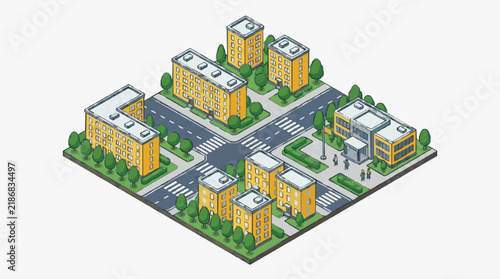 Dynamic Isometric of Urban Apartment Complexes with Crossroads Pedestrians and Green Spaces with high quality professional line art symbols for modern creative design and digital branding projects