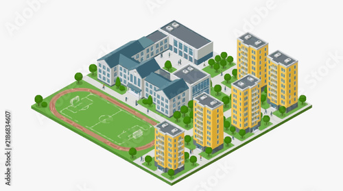 Dynamic Isometric of Urban School Complex with Sports Field and Residential Buildings with high quality professional line art symbols for modern creative design and digital branding projects