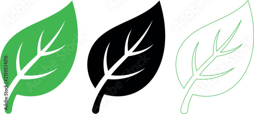 Three stylized leaf icons in different colors
