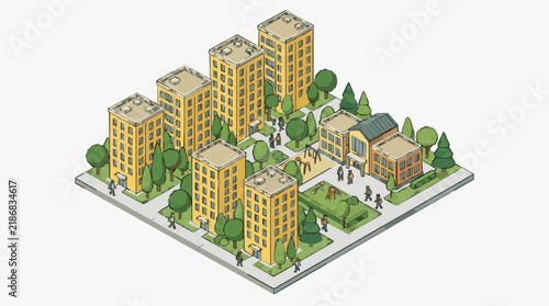 Dynamic Isometric of Urban Residential Complex with Playground Trees and Pedestrians with high quality professional line art symbols for modern creative design and digital branding projects