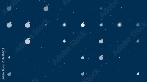 Template animation of evenly spaced orange symbols of different sizes and opacity. Animation of transparency and size. Seamless looped 4k animation on dark blue background with stars