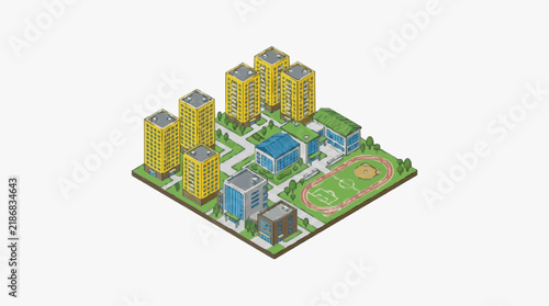 Dynamic Isometric of Urban Residential Complex with Schools Sports Fields and High Rise Buildings