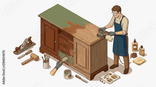 Dynamic Isometric of Woodworker Sanding and Finishing a Classic Dark Wood Cabinet with Tools with high quality professional line art symbols for modern creative design and digital branding projects
