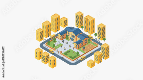 Dynamic Isometric of Urban School Surrounded by Colorful Buildings and Active Community with high quality professional line art symbols for modern creative design and digital branding projects