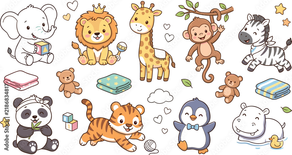 Obraz premium Cute Kawaii Baby Safari Animal Clipart Set featuring Cartoon Newborn Elephant Lion Giraffe Monkey Zebra Panda Tiger and Penguin Characters for Nursery Room Wall Decor and Kids Birthday Graphics