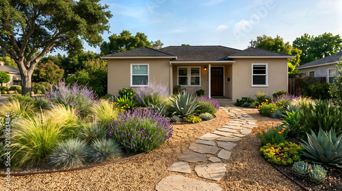 Single story suburban house with a drought tolerant front yard landscape