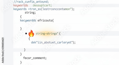 Obraz na płótnie Programming code editor screen with highlighted string syntax and flame emoji icon