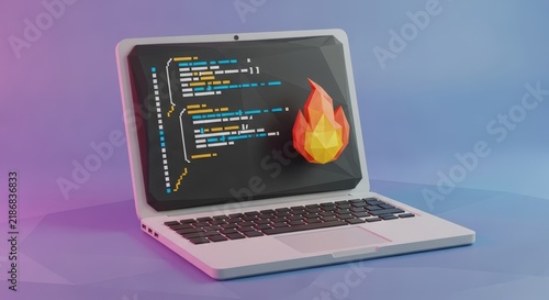 Plakat 3D Rendered Laptop With Programming Code and Fire Icon on Screen
