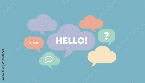 Engaging background with multiple colorful, cloud-shaped speech bubbles, prominently featuring 