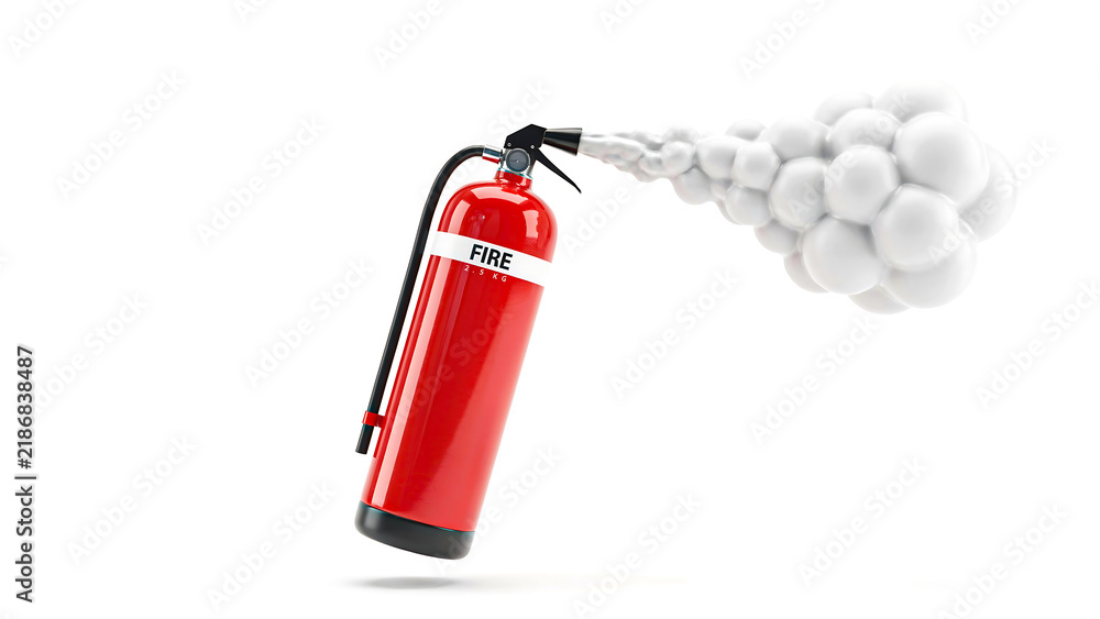 Obraz premium Red fire extinguisher releasing white foam isolated on white background