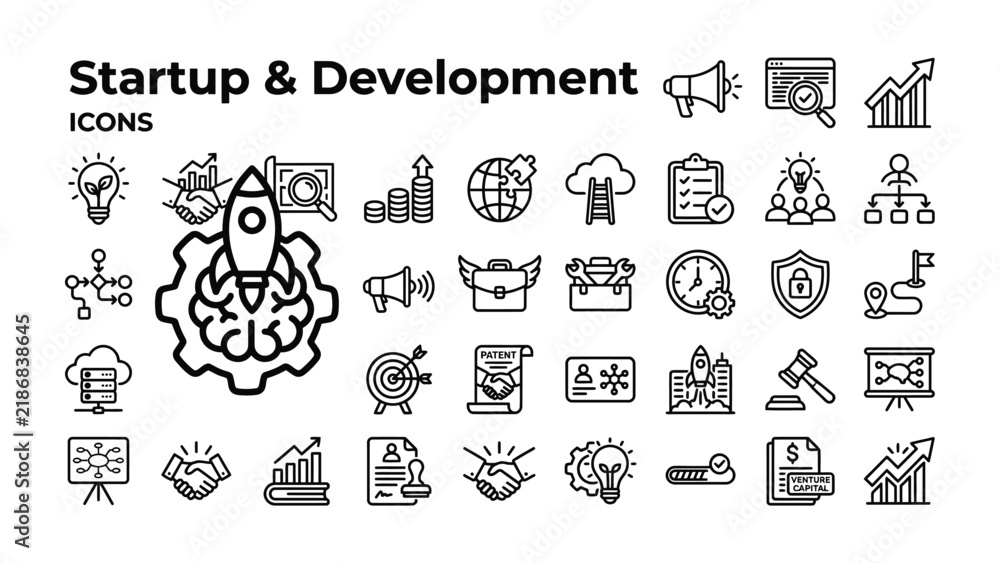 Fototapeta premium Startup and Development Icons: A comprehensive collection of line art icons representing key concepts in startup and business development, including rockets, graphs, and teamwork.