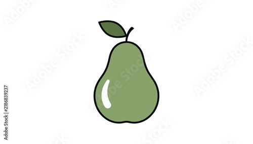 Minimalist and colorful illustration of a single green pear with a stem and a small leaf, against a white background.