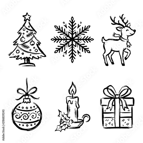 Christmas Symbol Icon Set in Brush Outline