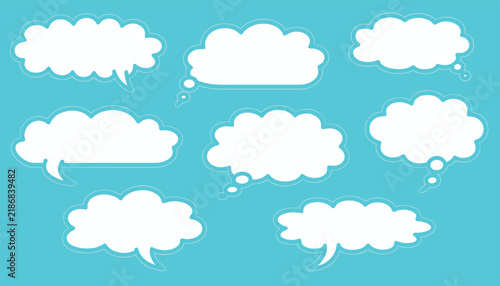 Assortment of different white cloud-shaped speech bubbles against a vibrant blue background, ready for text or dialogue.