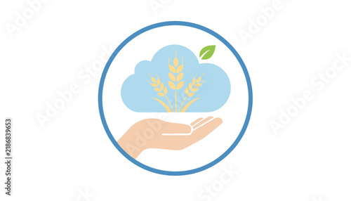 Circular icon depicting a hand gently holding a cloud with wheat stalks and a green leaf, symbolizing natural agriculture or organic produce.
