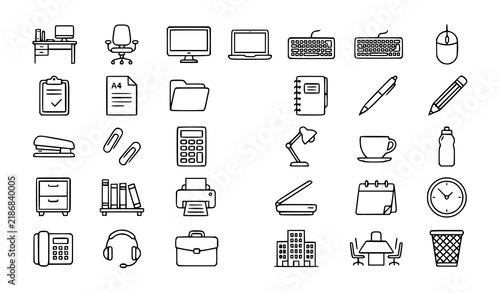 Office Line Icon Set with Desk, Chair, Computer, Stationery, and Business Equipment Symbols for Workspace Designs