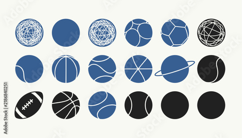 Diverse collection of sports balls and abstract spherical shapes, including basketballs, footballs, and tennis balls, in blue, black, and white.