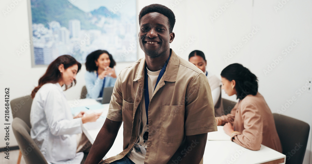Obraz premium Portrait, smile and man in meeting with doctors for administration, about us and medical coder. Happy person, hospital and health information technician with healthcare team, confidence and pride