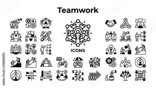 Teamwork Icon Collection: A comprehensive set of minimalist icons illustrating various facets of teamwork and collaboration, presented in a clean, graphic style.