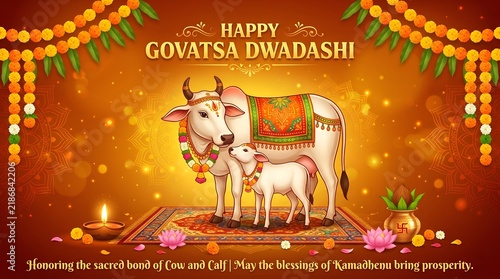 Happy Govatsa Dwadashi greeting with cow and calf decorated with marigold flowers