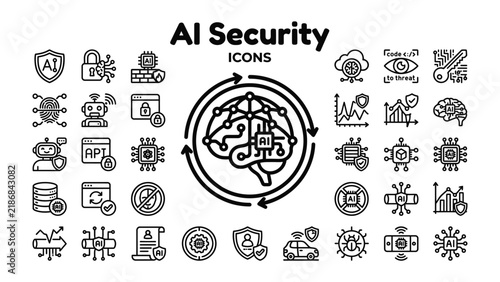 AI Security Icons: A comprehensive collection of graphic icons representing artificial intelligence, security, data protection, and cyber defense.