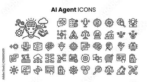 AI Agent Icons: A comprehensive collection of line art icons representing artificial intelligence agents and their various functionalities, including data processing, decision making.