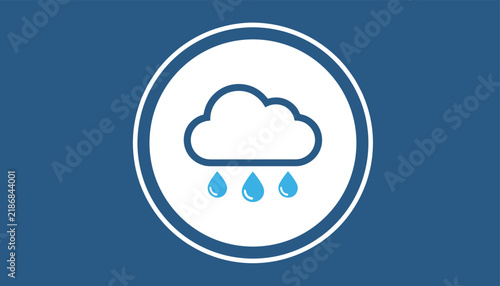Circular icon featuring a cloud with raindrops enclosed, representing rain, precipitation, or general rainy weather conditions.