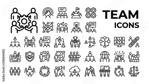 Teamwork Icon Collection: A comprehensive set of line icons illustrating various aspects of teamwork, collaboration, and business success, presented in a clean, vector format.