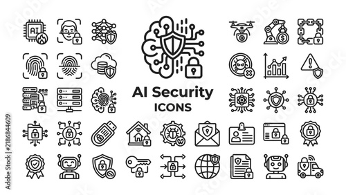 AI Security Icons: A comprehensive collection of minimalist line icons representing artificial intelligence security, featuring elements like AI brains, shields, locks, fingerprints, clouds.