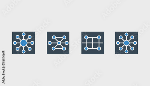 Set of four distinct square icons, each illustrating a unique network or connection pattern, representing different organizational structures.