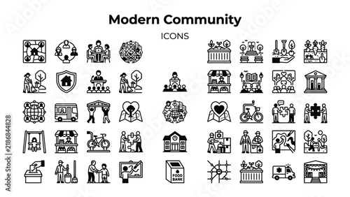 Modern Community Icons: A comprehensive collection of line art icons illustrating various aspects of modern community living, from social interaction and family to services and urban infrastructure.