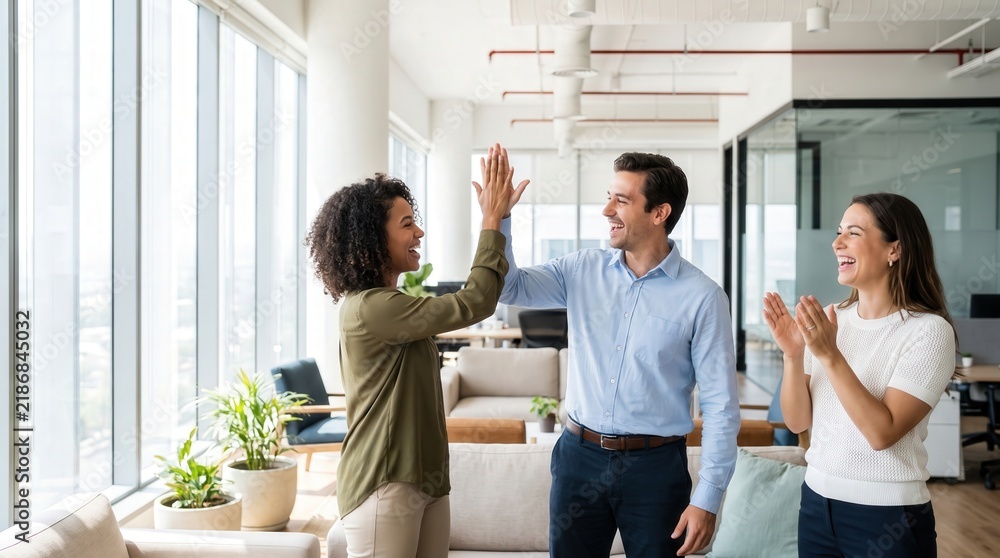 Fototapeta premium Diverse business colleagues giving high five and celebrating success in a modern office, capturing teamwork and positive company culture for human resources recruitment and marketing.