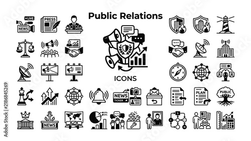 Public Relations Icon Set: A comprehensive collection of black and white icons illustrating the multifaceted world of public relations, communication, and media engagement.