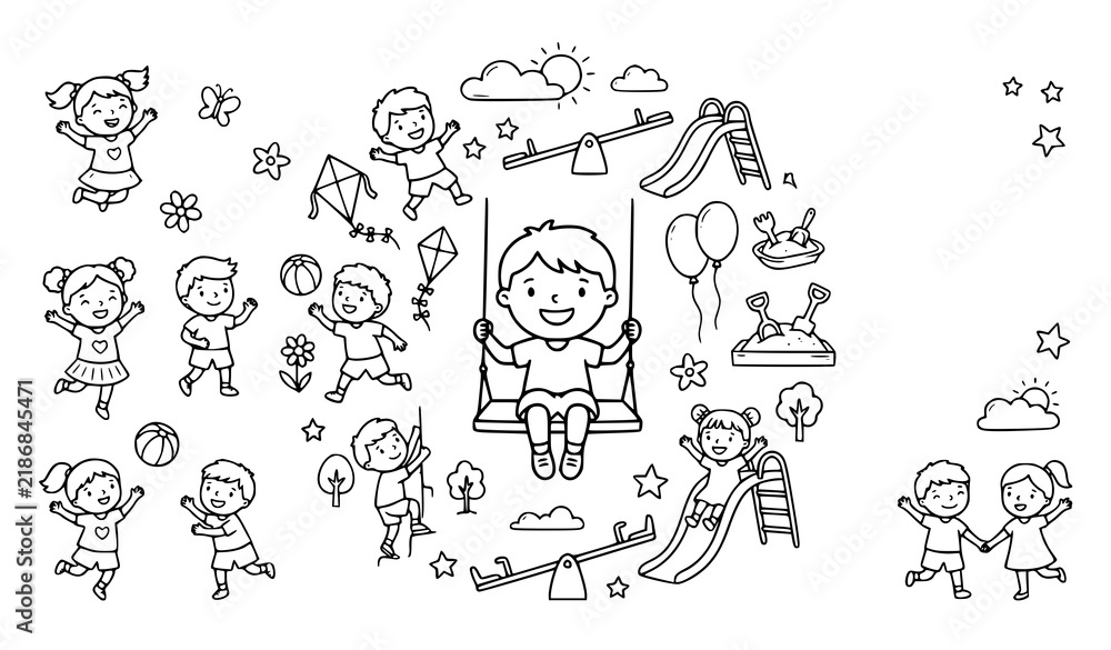 Fototapeta premium Happy Kids Playing Line Art Vector, Hand Drawn Children On Swing With Balloon Kite Slide Playground Illustration