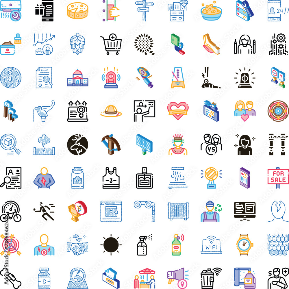 Fototapeta premium Large collection of diverse vector icons depicting various concepts including business, technology, finance, travel, health, sport, and daily life on a clean white background