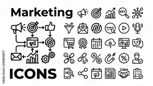 Marketing Icons Set: A comprehensive collection of vector icons representing various aspects of marketing and business development, including strategy, advertising, analytics, and customer engagement.