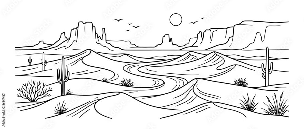 Fototapeta premium Minimalist Desert Landscape Line Art with Cacti and Mesas