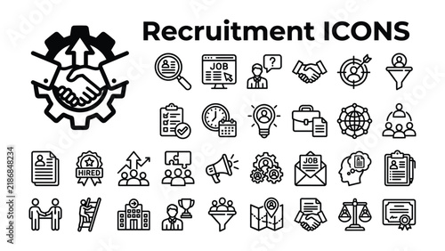 Recruitment Icons Set: A collection of professional icons illustrating various aspects of the recruitment process, from candidate sourcing to hiring and onboarding, all presented in a clean.