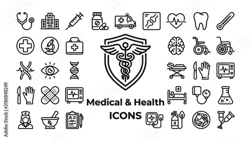 Medical and Health Icons Collection: A comprehensive set of line art icons representing various aspects of the medical and health industry, including instruments, facilities, and symbols.